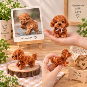 May include: A miniature brown fuzzy poodle figurine with a small white ribbon around its neck. The set includes a framed photo of a puppy labelled Inspiration, a wooden sign reading Tiny Pup Big Love, and a round wooden slice display base.