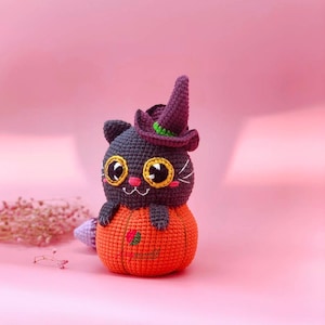 Cat in Pumpkin Crochet, Halloween Crochet Doll, Halloween Decor, Crochet Cat Halloween, Crochet Cat Witch, Crochet Pumpkin, Halloween Plush