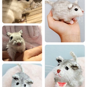 May include: A close-up of a crocheted gray gerbil holding a slice of watermelon. The gerbil is sitting on a pink fuzzy surface.