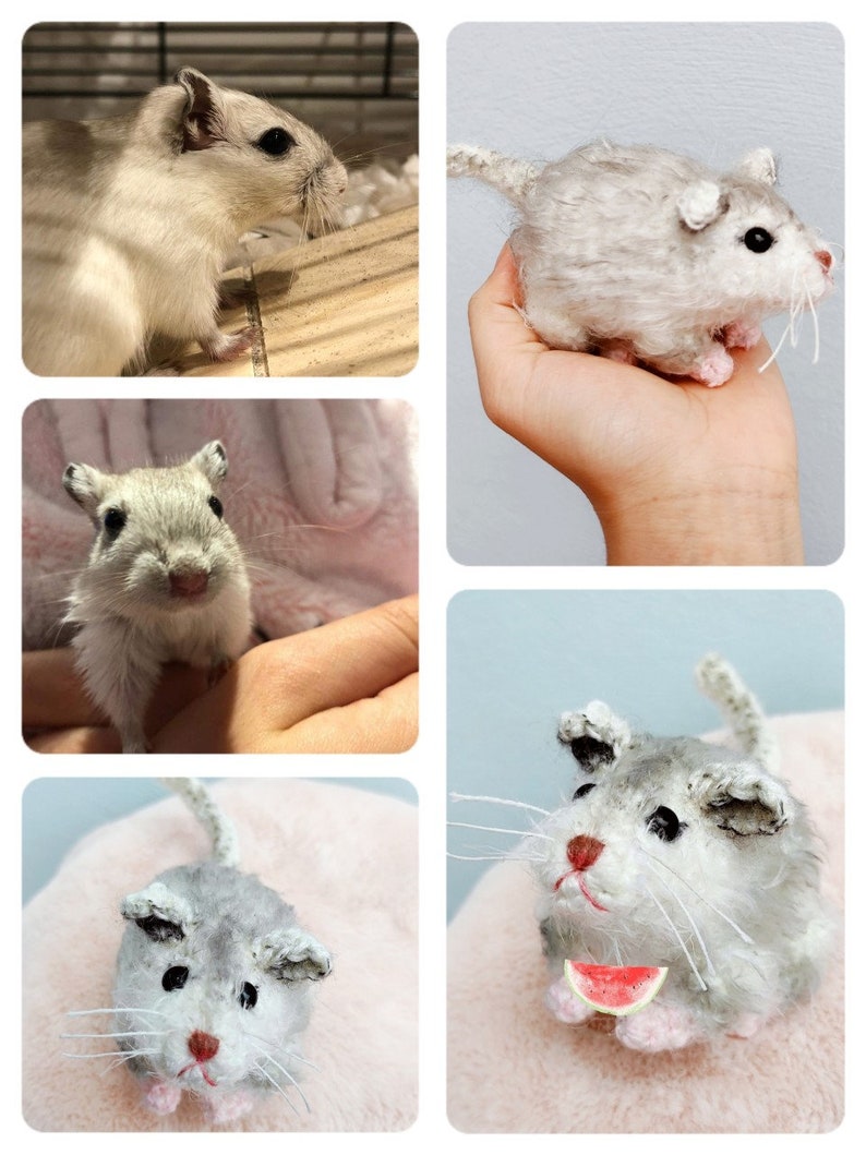 May include: A close-up of a crocheted gray gerbil holding a slice of watermelon. The gerbil is sitting on a pink fuzzy surface.