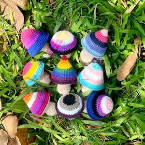 May include: A collection of nine crocheted mushroom ornaments with various pride flag designs, including rainbow, transgender, bisexual, and lesbian flags. The mushrooms are arranged on a bed of green grass.
