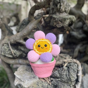 May include: A crocheted flower pot with a pink and purple flower and a yellow center. The flower has a smiling face.