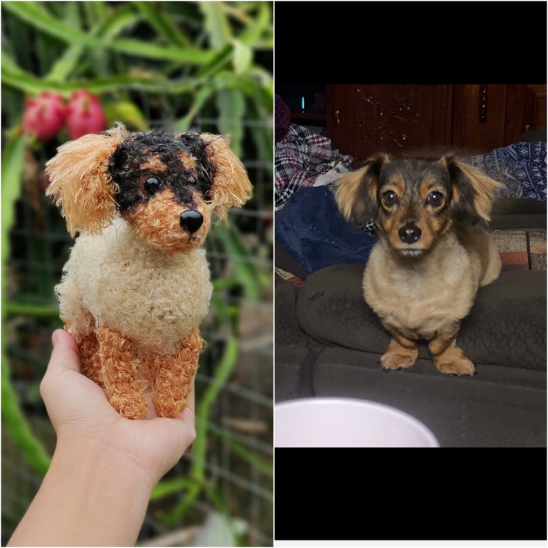 May include: A crocheted dog toy, brown and black with a white body, is being held in a hand. The toy is a replica of a dachshund dog. The real dachshund dog is in the background, sitting on a sofa.