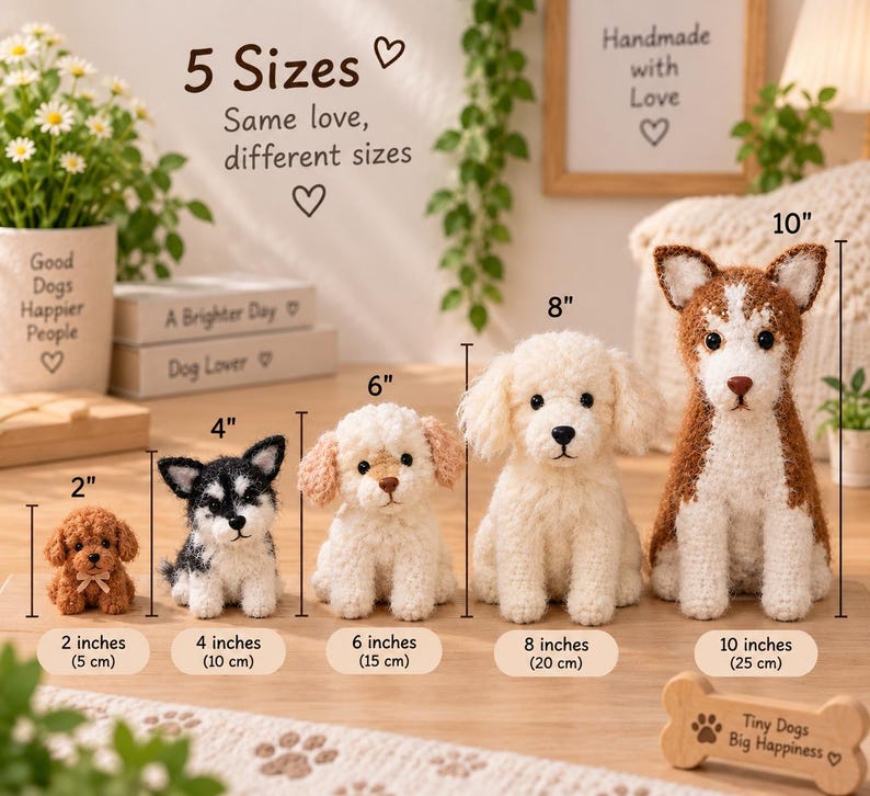 May include: Five crocheted dog plushies in sizes 2, 4, 6, 8, and 10 inches. The dogs feature varied fur colors including brown, black and white, and cream. Text on the image includes 5 Sizes, Same love, different sizes, and Tiny Dogs Big Happiness.
