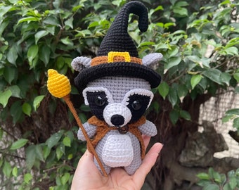 Magical Raccoon Crochet, Crochet Wizard Raccoon, Stuffed Plushies Raccoon, Handmade Raccoon, Amigurumi Raccoon