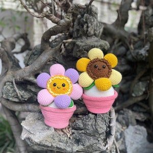 May include: Two crocheted flower pot decorations. One is a pink and purple flower with a yellow center and a pink pot. The other is a yellow flower with a brown center and a pink pot.