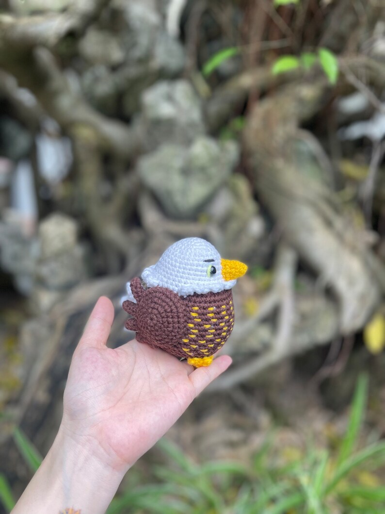 May include: A crocheted bald eagle amigurumi toy with white feathers, brown body, and yellow beak and feet. The toy is being held in a person's hand.