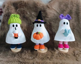 Halloween Ghost Crochet, Halloween Ghost Plush, Witch Cat Crochet, Book and Boba Crochet, Halloween Crochet Doll