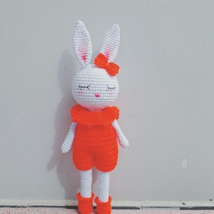May include: White crocheted bunny with orange overalls and a red bow. The bunny has closed eyes and a pink nose.