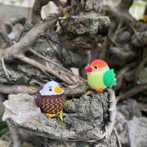 May include: Two crocheted bird toys, one brown and white with a yellow beak and the other green, orange, and red with a yellow beak, are perched on a tree branch.