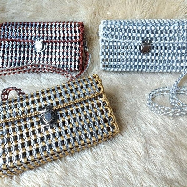 Sac à onglet en aluminium recyclé, sac à bandoulière au crochet fait à la main, sac à main