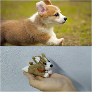 Puede incluir: Un juguete de corgi de crochet marr&oacute;n y blanco con un collar rojo. El juguete est&aacute; en la mano de una persona.