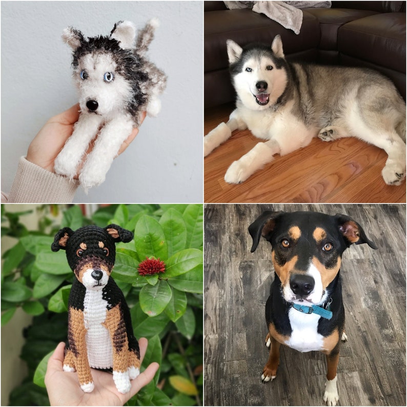 May include: A set of two handmade crochet dog figurines, one resembling a black and white husky with blue eyes and the other a black, tan, and white dog, displayed alongside photographs of the real dogs they are modeled after for comparison.