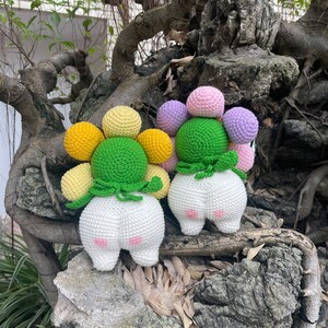 May include: Two crocheted plush toys shaped like flowers with white bodies and green leaves. The flowers have yellow, pink, and purple crocheted balls.