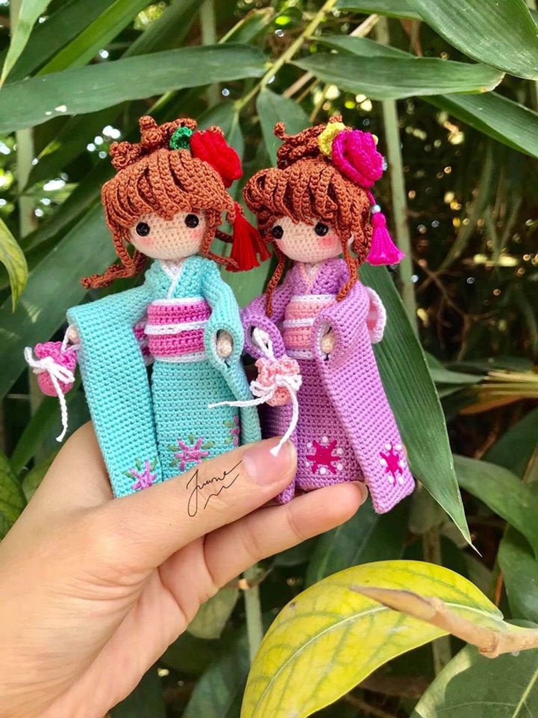 【アケミ】籠バッグ＆ちび子ドール Amigurumi Japanese Kimono Vintage Girl, Crochet Kimono Doll