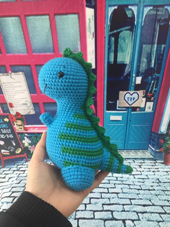 Handmade CROCHET DINOSAUR Light Blue Plush Stuffed Animal Knitted 9 tall
