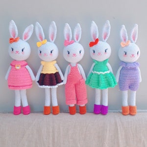 May include: Five crocheted bunny dolls with different colored outfits. The bunnies are white with pink ears and black eyes. The outfits include pink, brown, green, and purple.
