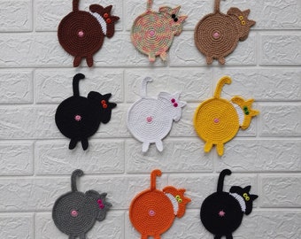 Crochet Cat Butt Coasters, Sets of Cat Coasters, Kitty Butt Coasters, Funny Cat Gifts, Gifts for Cat Lovers