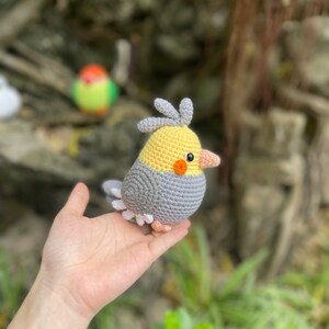 May include: A crocheted gray and yellow bird with a small orange beak and a red eye. The bird is being held in a person's hand.