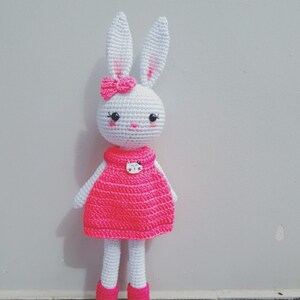 May include: A white crocheted bunny doll wearing a pink dress and pink shoes. The bunny has a pink bow on its head and a white cat button on its dress.