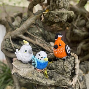 May include: Three crocheted bird toys, a white cockatiel, a blue and black budgie, and an orange and black cardinal, are perched on a tree branch.