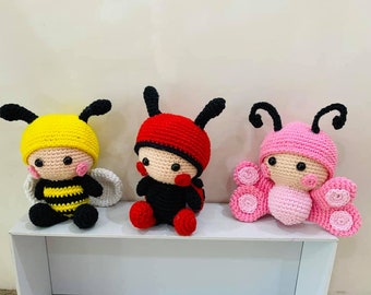 Ensemble de 3 poupées d'insectes au crochet, poupée papillon au crochet, coccinelle au crochet, poupée d'insectes à la main, papillon en peluche à la main, coccinelle à la main