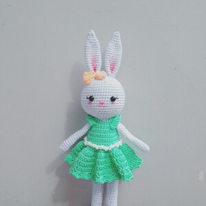 May include: A white crocheted bunny doll wearing a green dress with white trim and purple shoes. The bunny has a pink nose and orange bow.