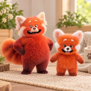 May include: Two plush red panda toys with fuzzy orange-red fur, white facial markings, and large dark eyes. The larger toy stands with hands on hips, while the smaller toy stands beside it. Both have wide, smiling mouths showing white teeth.