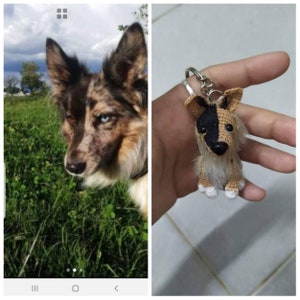 Puede incluir: Un llavero de perro de ganchillo con pelo marr&oacute;n y negro, ojos azules y nariz negra. El llavero est&aacute; unido a un anillo plateado.