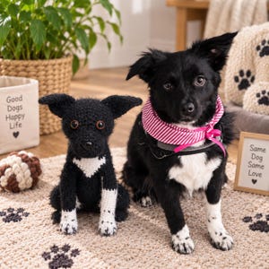 May include: A black and white crocheted dog plush toy with brown eyes, positioned next to a black and white dog wearing a pink and white striped bandana. The plush toy features a white chest patch and white paws, mirroring the markings of the live dog.