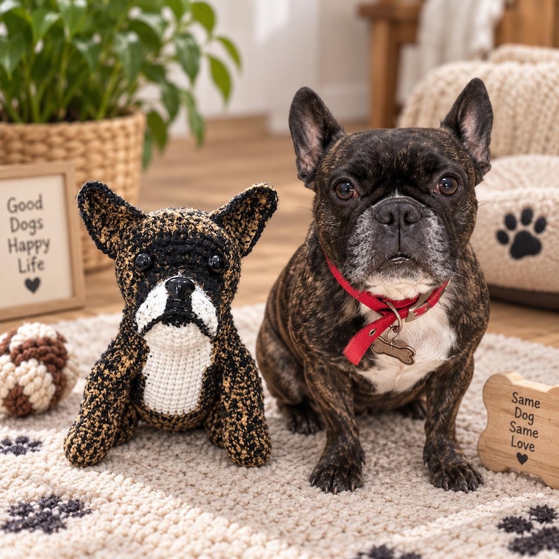 May include: A crochet French Bulldog plush toy with black, brown, and white yarn, featuring black plastic eyes and a black nose, positioned next to a live brindle French Bulldog wearing a red collar with a bone-shaped metal tag.