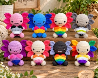 Crochet Axolotl Pride, Axolotl Pride Plush, LGBT Axolotl, LGBT Crochet, Axolotl With Heart Crochet, Amigurumi Axolotl, Heart Pride Crochet