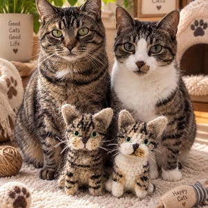 May include: Two adult tabby cats sitting side by side, with two small, handmade crocheted tabby cat figurines positioned in front of them. The figurines feature green eyes and detailed brown and white yarn patterns, mirroring the cats' markings.