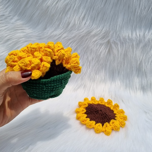 Sunflower Pot Coaster, Crochet Sunflower Coaster, Handmade Sunflower Coaster, Crochet Plant Pot, Coasters Set