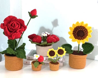 Crochet Rose, Rose in a pot, Crochet Sunflower, Handmade Sunflower, Crochet Strawberry, Strawberry in a Pot, Crochet Home Decor