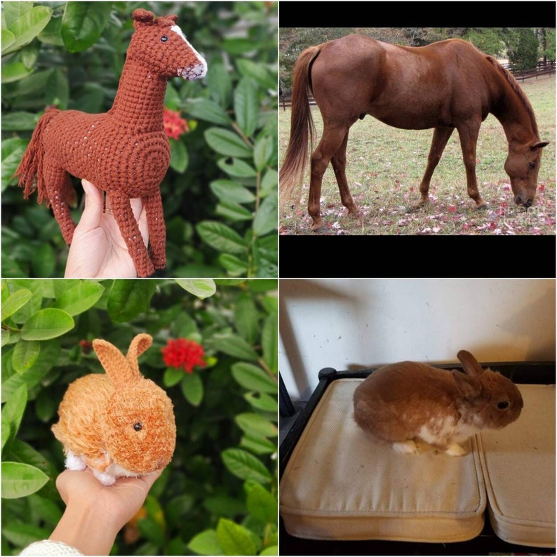 May include: A collection of three crocheted stuffed animals: a brown horse, a brown rabbit, and a brown and white rabbit. The animals are all sitting on different surfaces.