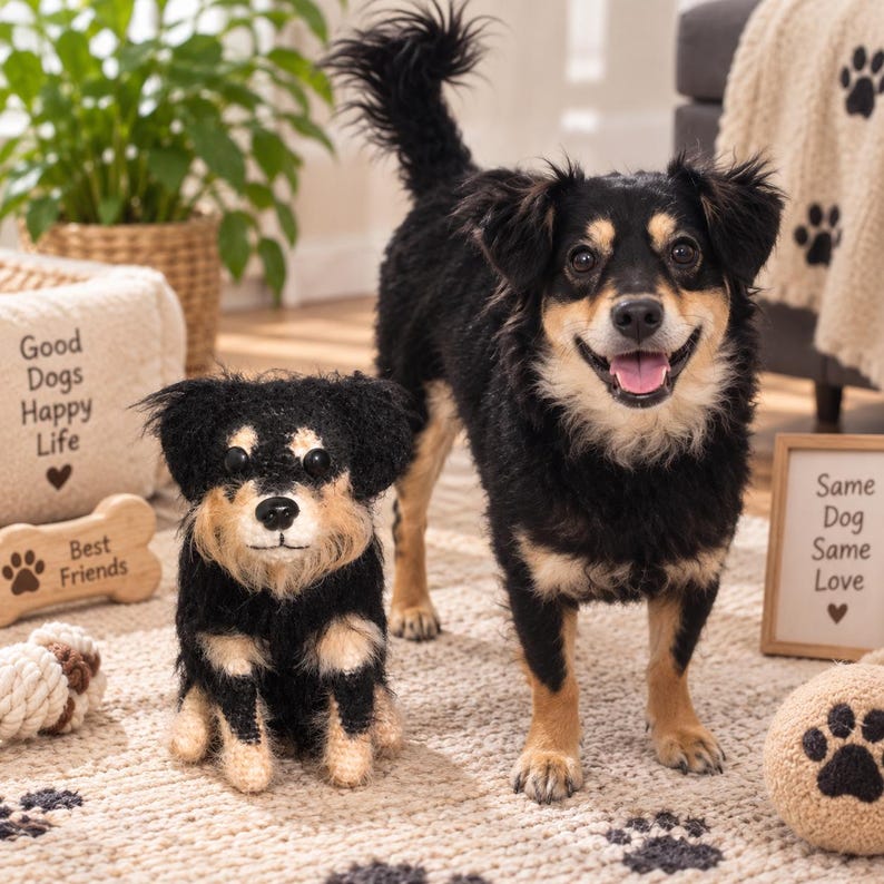 May include: A black and tan plush dog figurine standing next to a live black and tan dog. The plush dog has dark eyes and a stitched nose. The live dog has a fluffy tail and is smiling. The scene includes a bone-shaped sign with the text Best Friends.