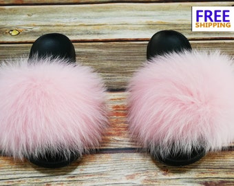 light pink fluffy slides