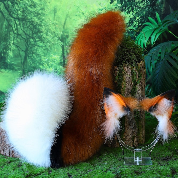 Realistic faux fur fox tail and ear set splicing wolf ear and tail anime cosplay therian cat ear and tail kitten kemonomimi halloween gifts