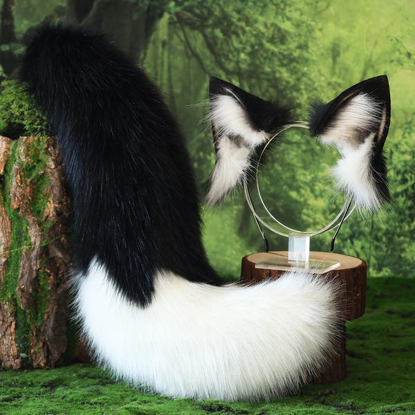 White black faux fur fox tail and ear set splicing wine red white wolf ear and tail anime cosplay therian cat ear and tail kitten kemonomimi