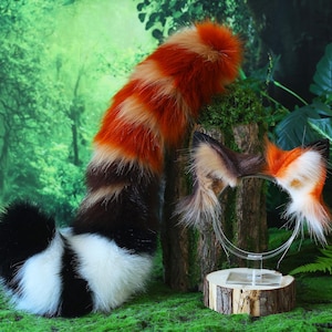 Faux fur cat ears and tail brown stripes kitten tail and ears curved lynx cat tail and ear therian anime cosplay kitten kemonomimi role play