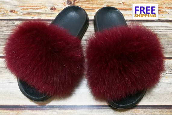 Dark Red Fluffy Real Fox Fur Sandals Women Fur Slippers | Etsy