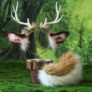 Faux fur deer costume ears and tail deer kemonomimi deer cosplay brown deer ears with horns therian anime cosplay christmas gift birthday