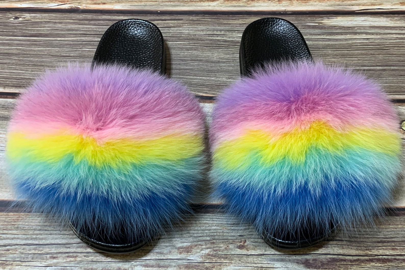 Rainbow Fox Fur Slide for Woman Slipper Furry Slide for Woman Etsy
