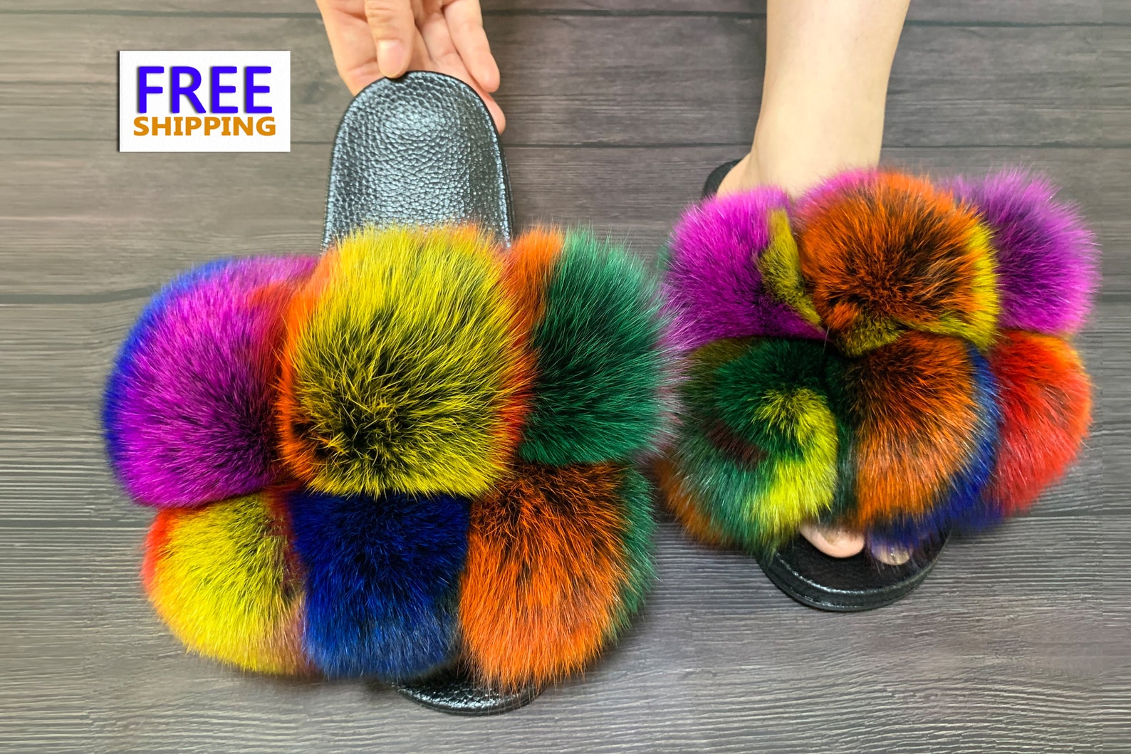 Rainbow Ball Slippers for Woman Fluffy Slide Real Fur Silde Etsy
