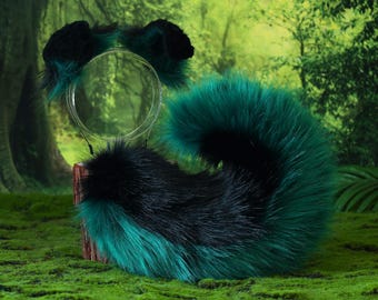 Black green shepherd dog tail and ear set faux fur shiba Inu dog ear and tail anime cosplay therian puppy ear and tail puppy girl kemonomimi