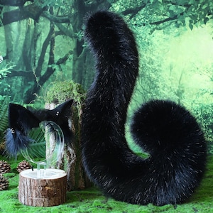Realistic black faux fur cat ears and tail kitten ears and tail kittenplay anime cosplay petplay ear and tail kitten kemonomimi cat therian
