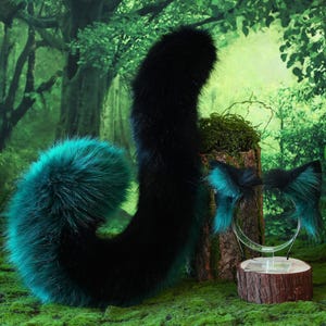 Black green faux fur cat ears and tail kitten ears and tail kittenplay anime cosplay fox ears and tail wolf ear and tail kemonomimi therian