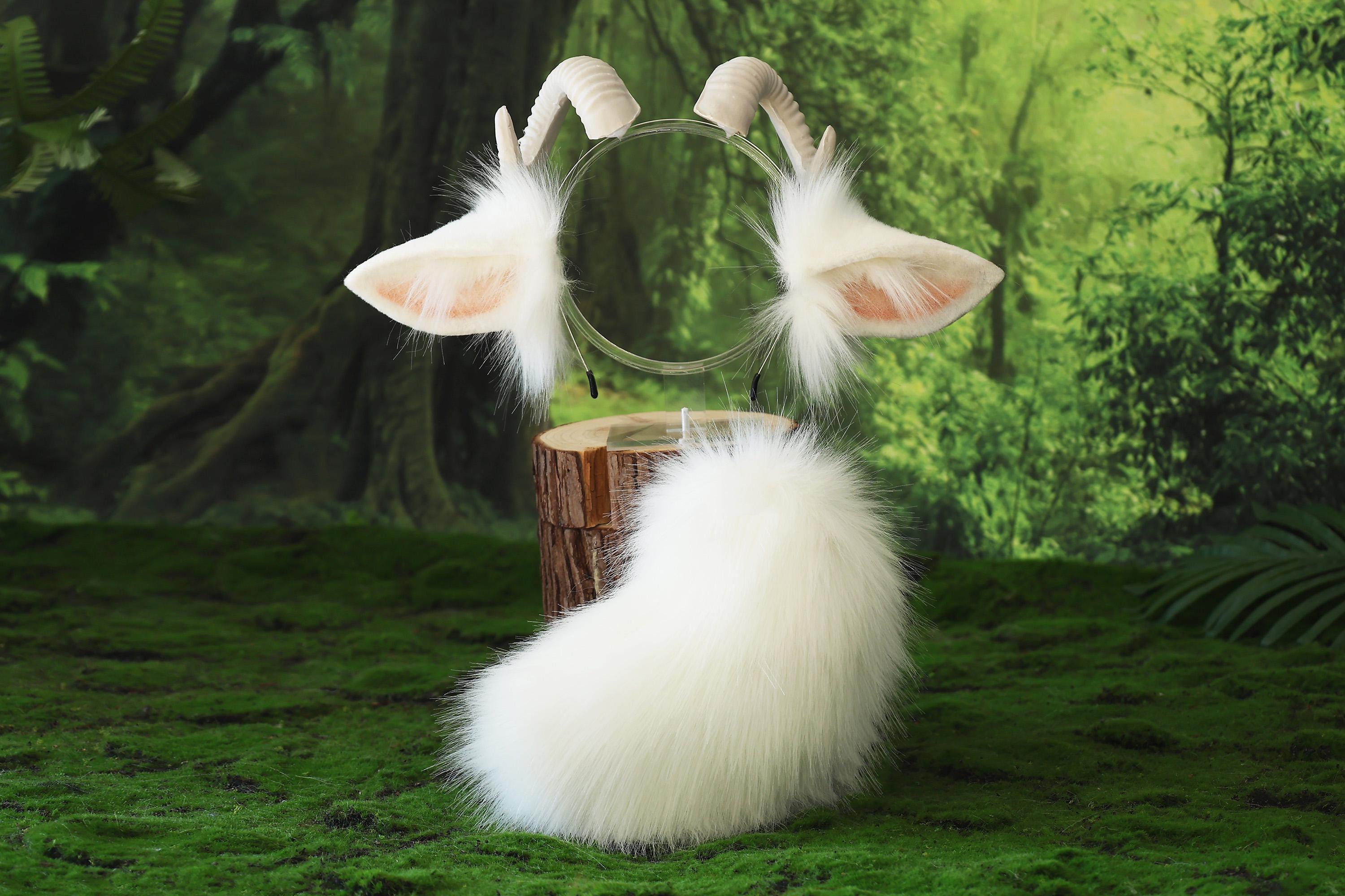 Faux fur sheep costume ears and tail goat kemonomimi sheep cosplay white sheep ears with horns therian anime cosplay christmas gift birthday
