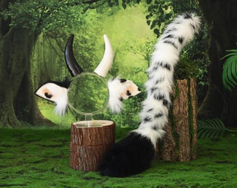 Disfraz de vaca de piel sintética con orejas y cola, cosplay de vaca kemonomimi, orejas de vaca blancas y negras con cuernos, cosplay de anime therian, regalo de Navidad y cumpleaños